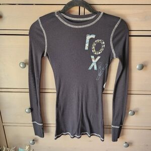 Roxy Y2k Black Long Sleeve Graphic Thermal Top with Contrast Stitching